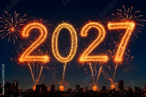 Bright sparkler fireworks forming large 2027 numbers over dark city night sky