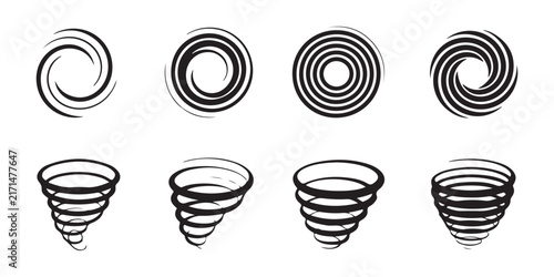 Array of eight abstract spiral tornado icons suggesting rotational force and air movement for science.