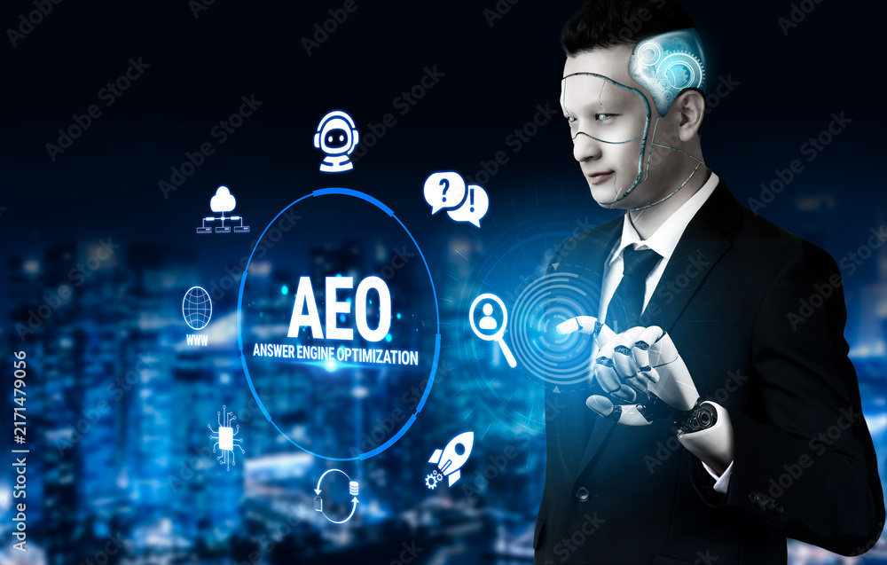 Naklejka premium Professional Person Engaging with Futuristic Technology Interface for Answer Engine Optimization in Urban Environment at Night Fluxor.