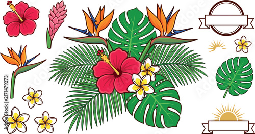 Flat tropical bouquet sticker vector asset pack featuring bird of paradise hibiscus pink ginger frangipani monstera and sunburst ribbon labels
