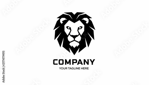 A striking black and white geometric lion head logo design with text 'COMPANY' and 'YOUR TAGLINE HERE' below it, set against a plain white background.