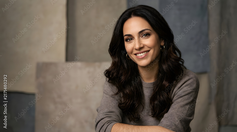 Fototapeta premium Bright Smiling Woman with Long Dark Hair and Casual Grey Sweater