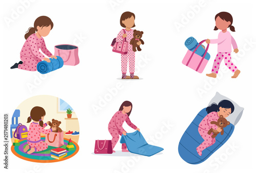 Cute little girl in pink pajamas getting ready for a sleepover, packing her bag and sleeping bag, flat vector illustration set