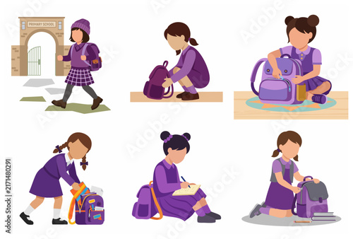 Vector set of primary school girls in uniform packing bags and going to school, back to school concept flat illustration