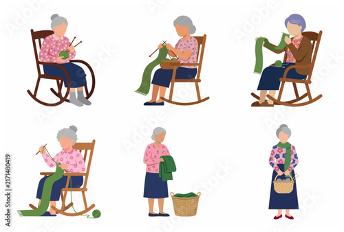 Set of elderly women knitting in rocking chairs, grandmother hobby flat illustration vector characters