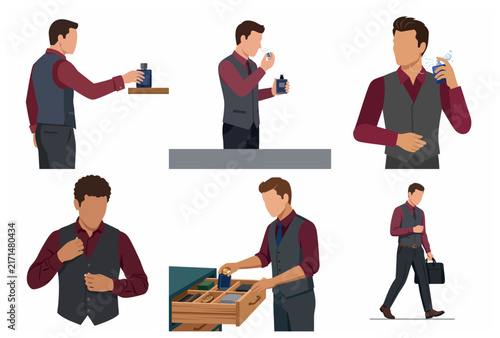 Set of Flat Vector Illustrations of a Man's Morning Grooming Routine and Business Preparation