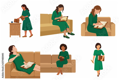 Set of minimalist illustrations of women in green dresses writing in journals and reading on a sofa