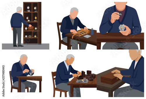Senior man collecting and maintaining luxury watches, horology hobby vector illustration set