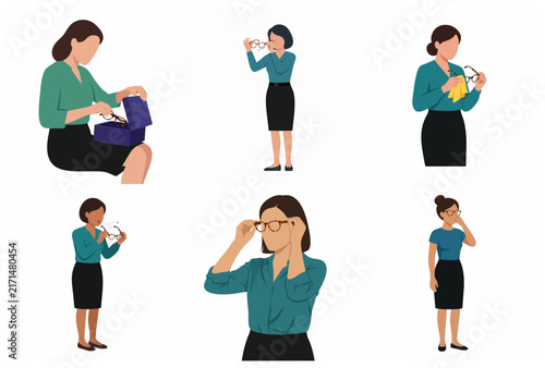 Professional Businesswoman Handling and Caring for Eyeglasses Vector Illustration Set