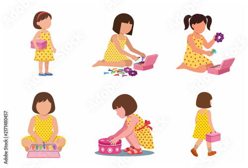 Set of vector illustrations featuring a little girl in a yellow polka-dot dress playing with hair accessories and a pink box