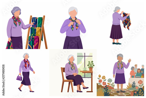 Set of Senior Woman Character Illustrations with Elegant Silk Scarves and Fashionable Lifestyle Scenes
