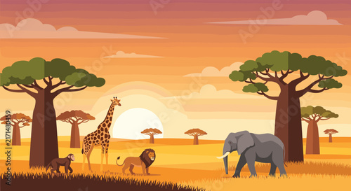 Scenic illustration of an African savanna at sunset featuring a giraffe, lion, elephant, and monkey among baobab trees.