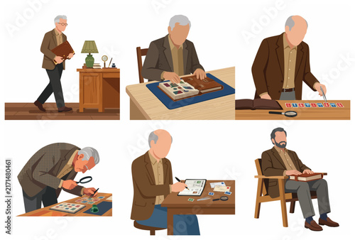 Philately Hobby Illustration: Senior Man Organizing and Examining Vintage Postage Stamps Collection