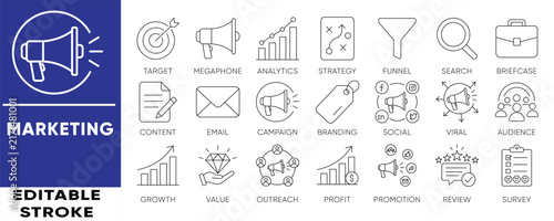 Marketing and SEO line icon set. Editable stroke vector icons for digital marketing, strategy, analytics, social media, and branding. Clean and modern design.