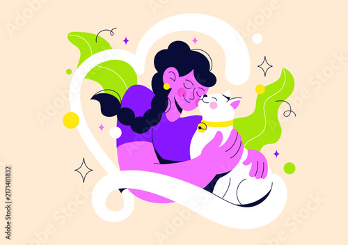 Cat Lover Vector Illustration Featuring Unique Pet Bond, Playful Felines, Affectionate Owner and Cozy Animal Friendship Concept