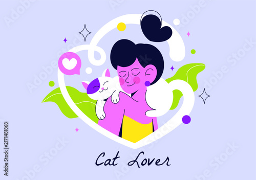 Cat Lover Vector Illustration Featuring Unique Pet Bond, Playful Felines, Affectionate Owner and Cozy Animal Friendship Concept