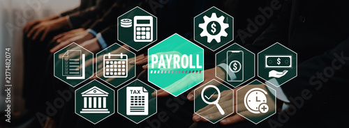 Foto Professional Payroll Management Concepts with Financial Icons and Business People in Suits Sitting and Engaged in Financial Discussion Fluxor