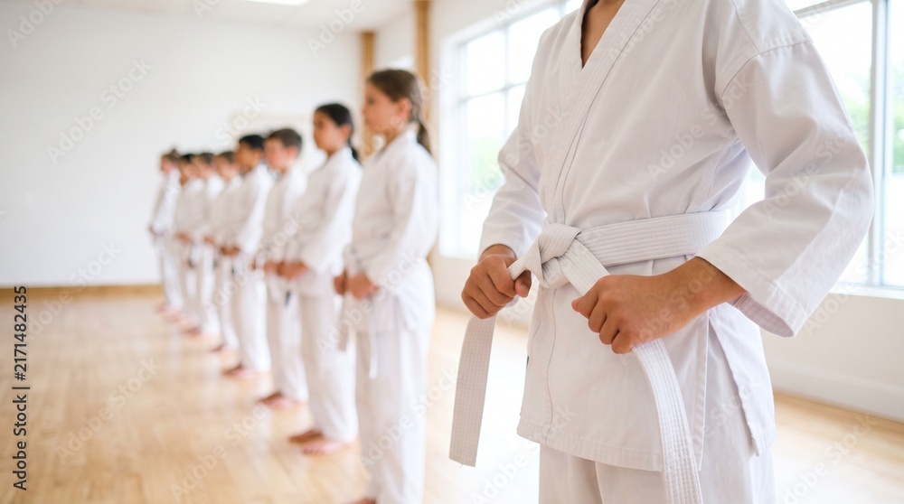Fototapeta premium Young martial arts student tying a white belt around their waist during a children karate class in a bright sports hall with beginner karate dojo class karate uniform kids sports training ses