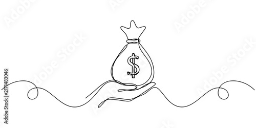 A simple hand drawn doodle illustration of a money bag with a dollar sign symbol held in a hand representing savings investment wealth finance banking and successful business growth