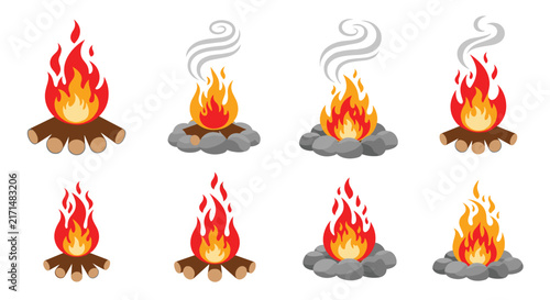 Set of various campfire illustrations showing burning logs with bright flames and rising plumes of grey smoke.