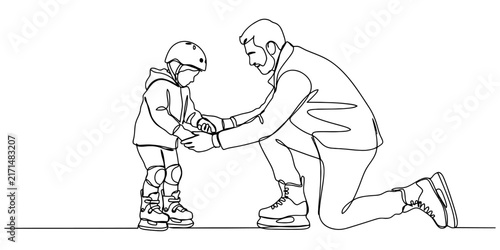 A caring father kneeling down to talk to his young son in a loving moment of parent and child connection showing support and guidance through a simple black and white line art drawing