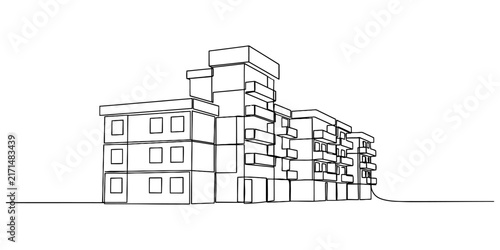 Simple line art drawing of a house with a tall chimney next to a pine tree showing a cozy home in a peaceful rural landscape for architecture design projects and vector illustration
