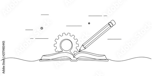 Black and white line art drawing of a simple pencil writing on a piece of paper showing a creative sketch process for artistic design concepts and hand drawn illustration elements