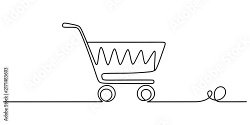 Continuous single line drawing of a shopping cart representing retail commerce and online store business concept for consumer marketing and digital shopping cart symbol illustration