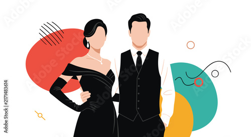 Elegant couple in formal evening attire with a woman in a black gown and a man in a tuxedo with abstract shapes.