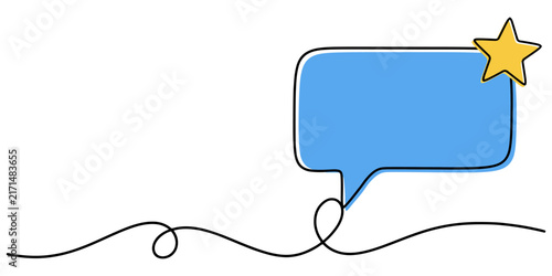 Blue speech bubble icon with a yellow star and a black dashed line for feedback and communication concept design in a simple flat vector illustration style for web and mobile apps