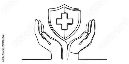 Simple line art icon showing a medical shield held by two cupped hands representing health care protection insurance safety and support in a clean minimalist black and white graphic style