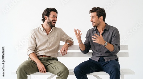 Two handsome men sitting on a white bench, laughing and having a friendly conversation, isolated on white background