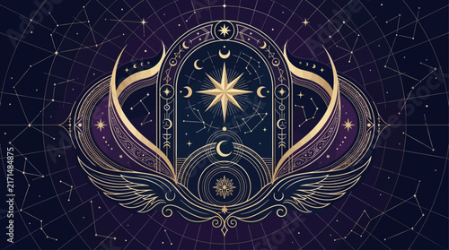 Принти на полотні Mystical Celestial Gateway Illustration with Golden Star, Crescent Moons and Cos