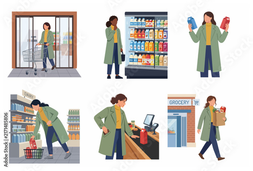 Vector illustration set of a young woman shopping for groceries in a supermarket, choosing dairy products, and paying at the checkout counter.