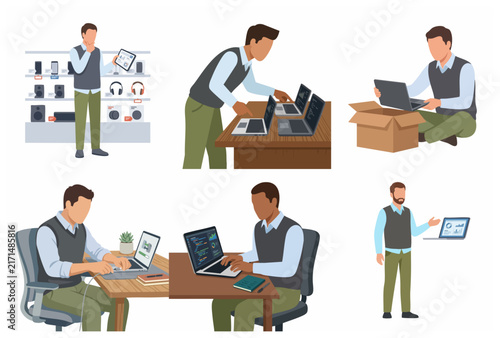 Set of professional male character illustrations working with laptops and electronic devices in various business and technology scenarios