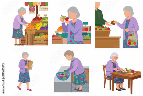 Elderly Woman Buying, Washing and Slicing Fresh Apples Illustration Set