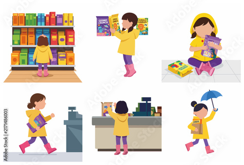 Little Girl in Yellow Raincoat Shopping for Cereal in Supermarket Vector Illustration Set