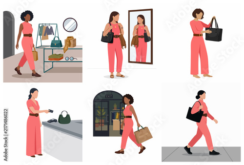 Collection of women shopping in fashion boutique, buying clothes and accessories, retail store experience vector illustration