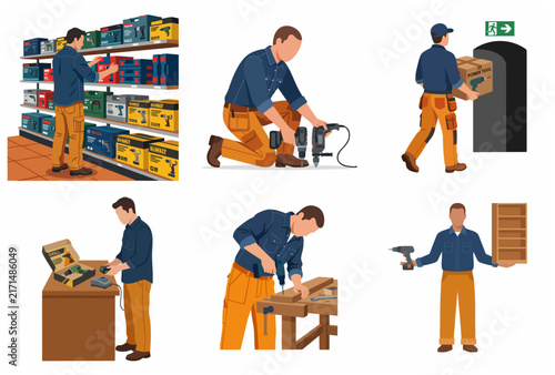 Set of professional handyman illustrations using power tools for carpentry and home maintenance