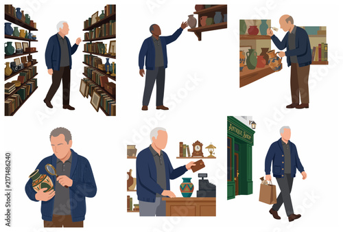 Set of flat illustrations showing a senior man browsing, examining, and purchasing vintage items in an antique shop