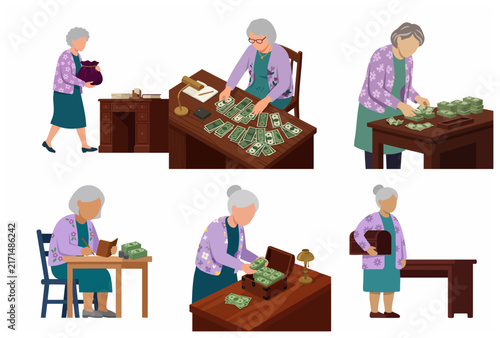 Bild auf Leinwand Elderly Woman Character Set Managing Money and Savings Illustration