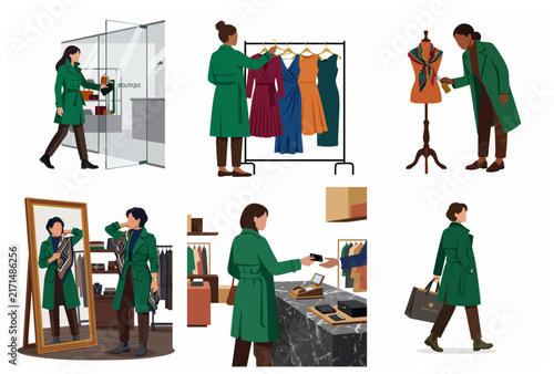 Flat vector illustration set of a woman shopping at a luxury fashion boutique, choosing clothes, trying on accessories, and paying at the counter.