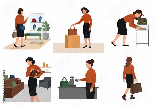 Flat vector illustration set of a woman shopping for luxury handbags in a fashion boutique, featuring scenes of choosing, buying with a credit card, and carrying shopping bags.