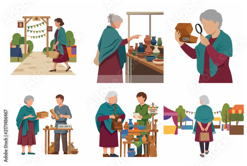 Senior woman shopping at local craft market and outdoor pottery fair flat vector illustration set