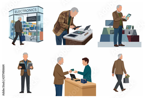 Senior man shopping for electronics and digital gadgets illustration set