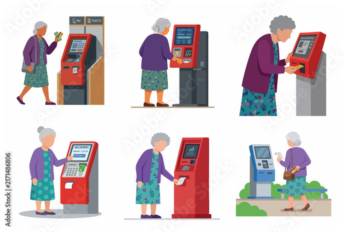 Senior woman using automated payment kiosks and ATMs illustration set