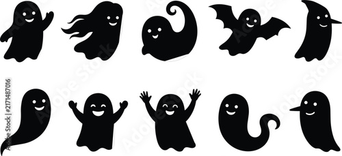  Cute Halloween ghost silhouette vector icon set featuring friendly spooky ghost characters bat and witch hat design element