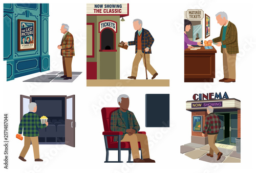 Senior Man Going to the Cinema Illustration Set, Elderly Character Watching Movie in Theater