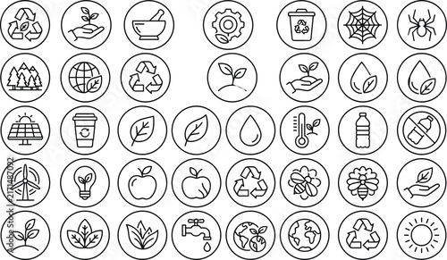  Ecology and green energy round line icon set featuring recycling solar panel wind turbine leaves organic product badges