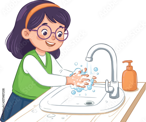  Cute young girl wearing glasses washing hands with soap and water at sink vector illustration